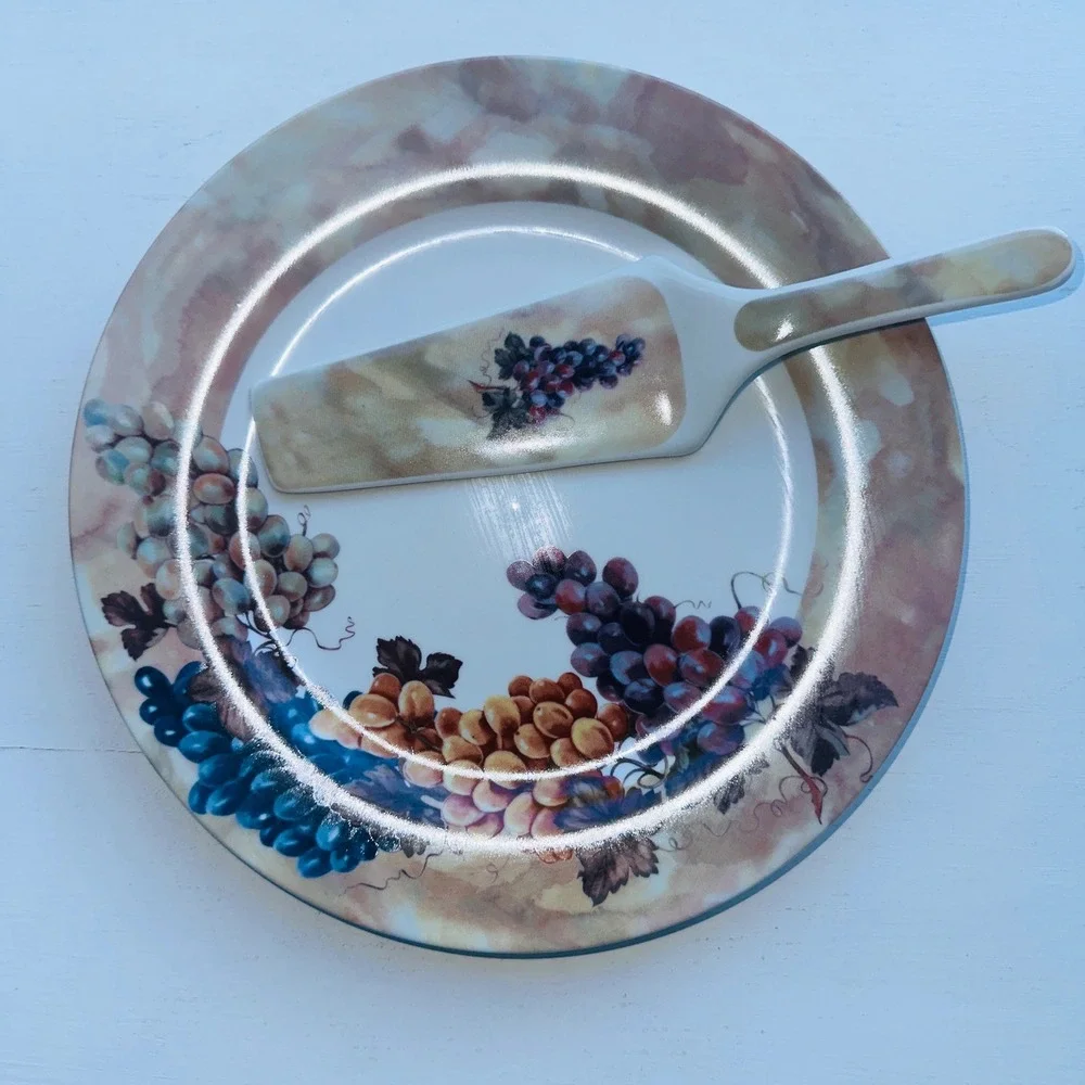 I. Godinger & Co. Porcelain Cake Plate and Server Set Grapes Motif Multicolor